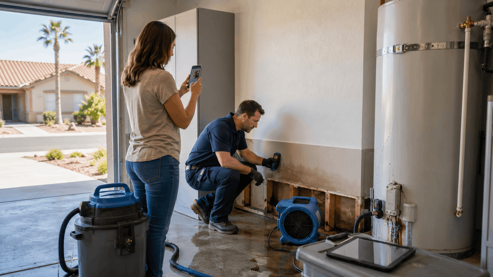 Las Vegas homeowner photographing water damage while plumber inspects flooded garage wall