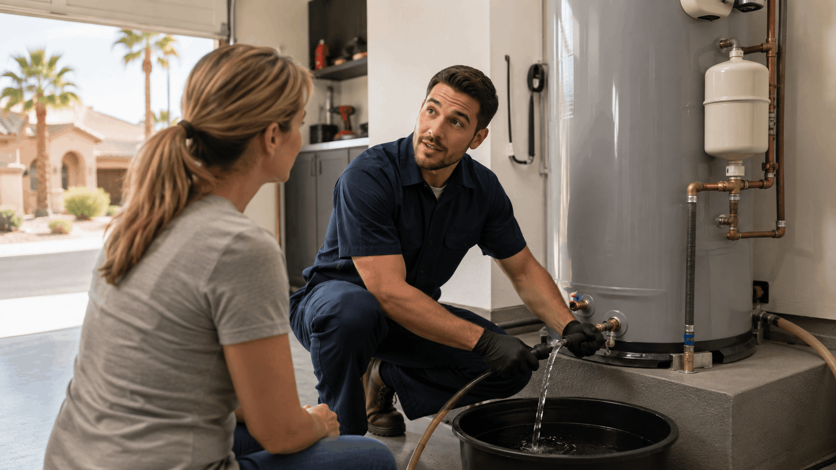 Plumber draining Las Vegas water heater sediment into bucket while explaining to homeowner