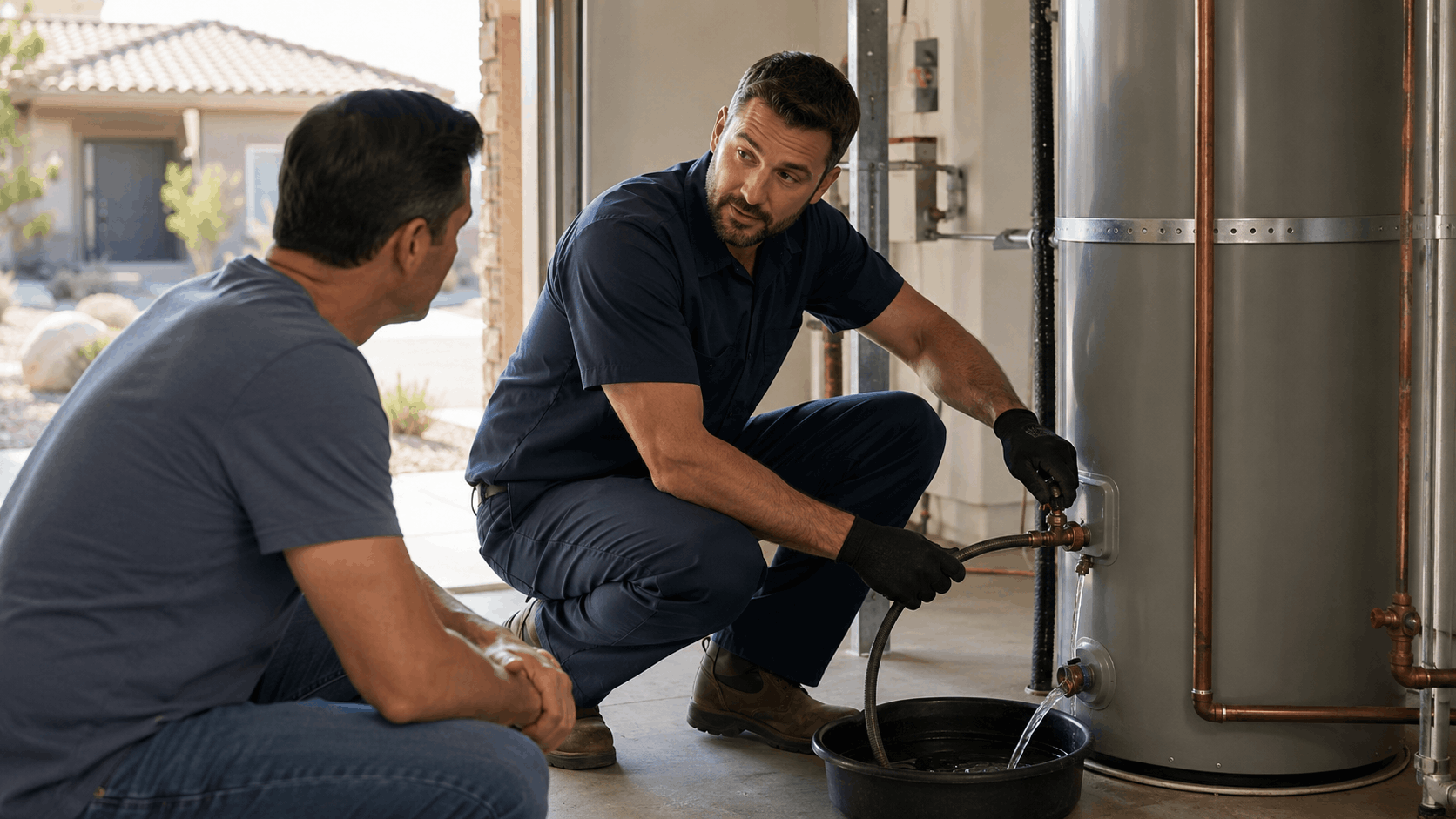 Plumber draining water heater tank into bucket while explaining to homeowner in Las Vegas garage