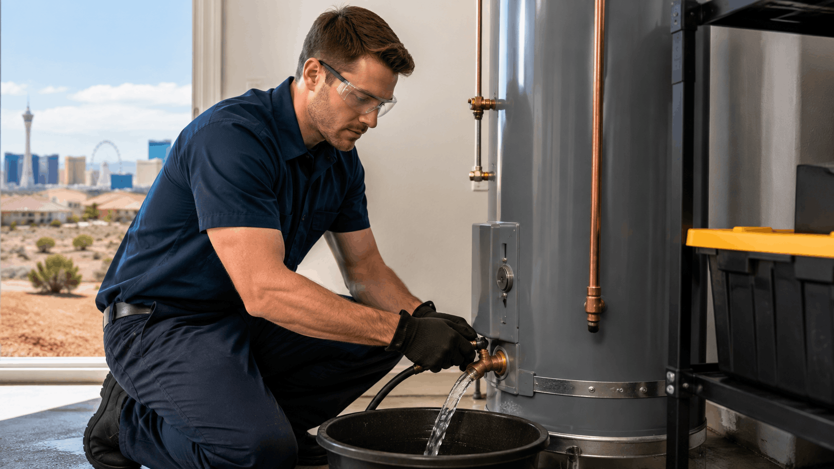 Las Vegas plumber draining water heater into bucket during anode rod maintenance
