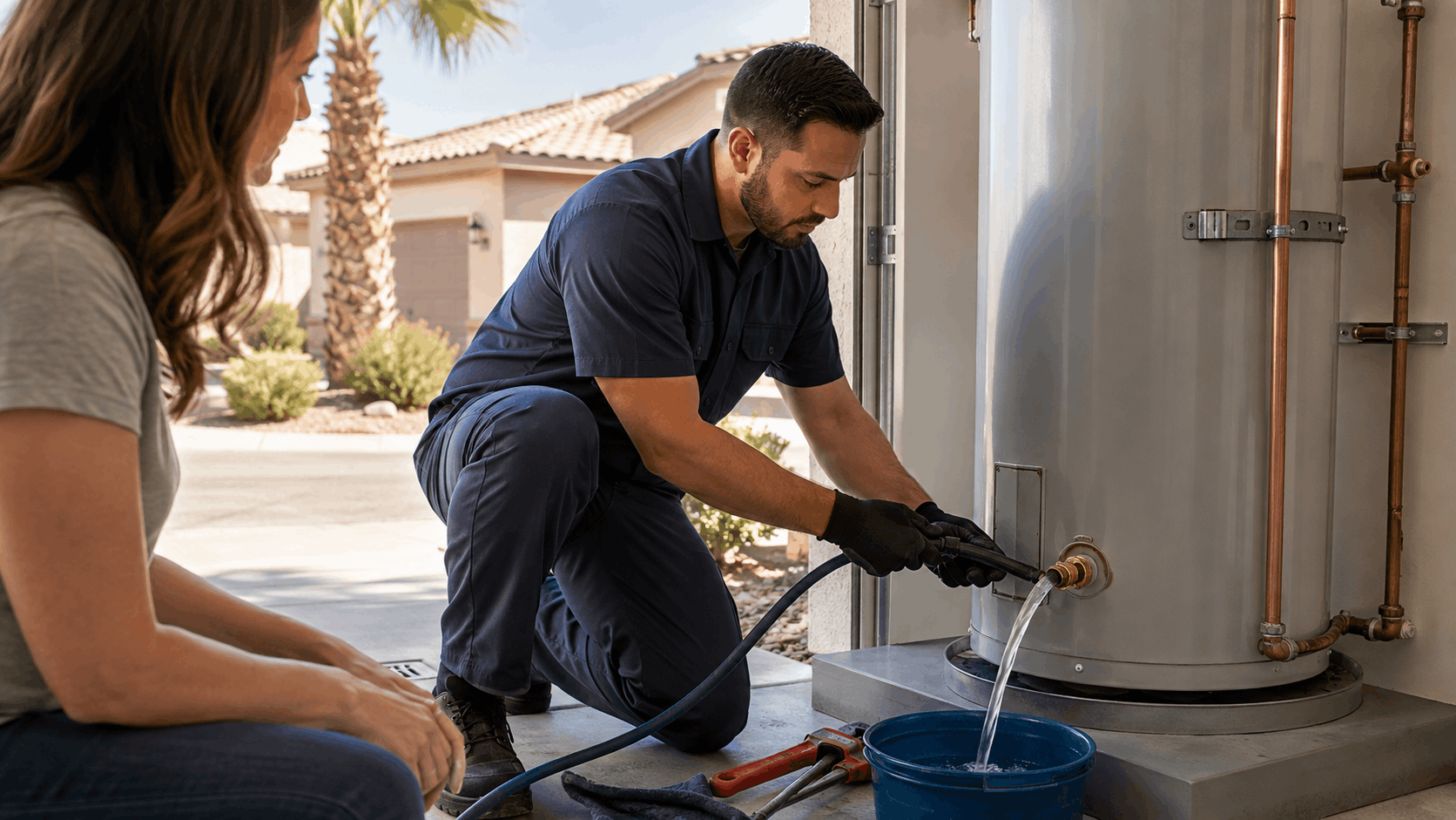 Active Plumbing technician draining water heater into bucket at Las Vegas home