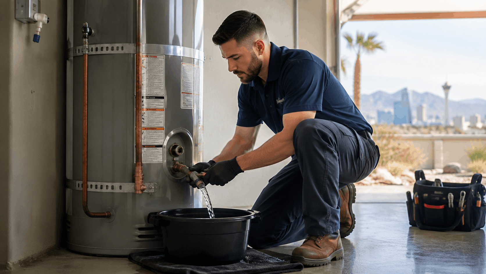 Las Vegas plumber draining water heater tank into bucket during maintenance service