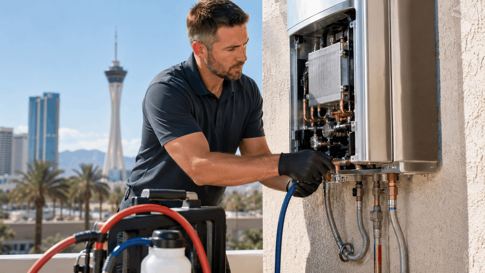 Las Vegas plumber descaling tankless water heater mounted on exterior stucco wall