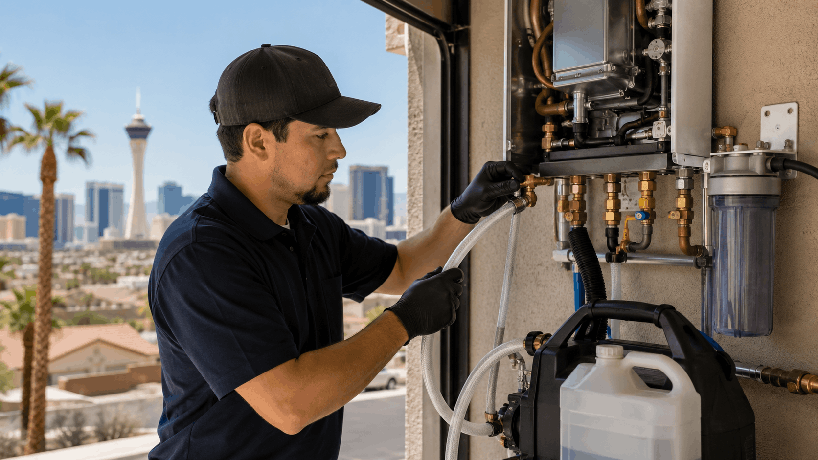 Las Vegas plumber descaling tankless water heater with hose and flush kit