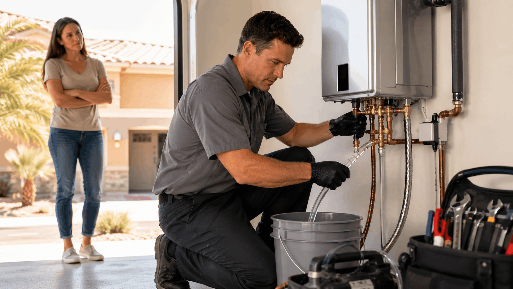 Plumber flushing and descaling a tankless water heater in Las Vegas garage