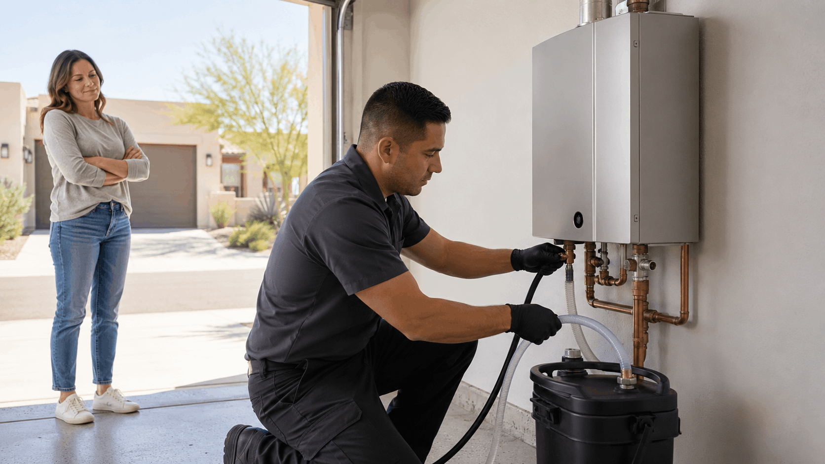 Plumber flushing descaling a tankless water heater in Las Vegas garage while homeowner watches