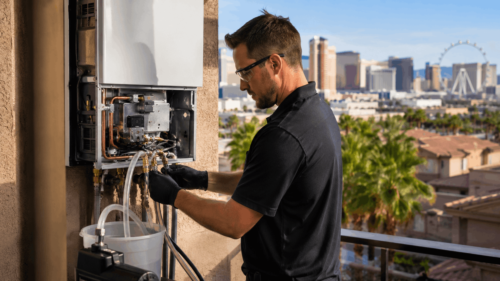 Las Vegas plumber servicing tankless water heater on balcony with Strip skyline view