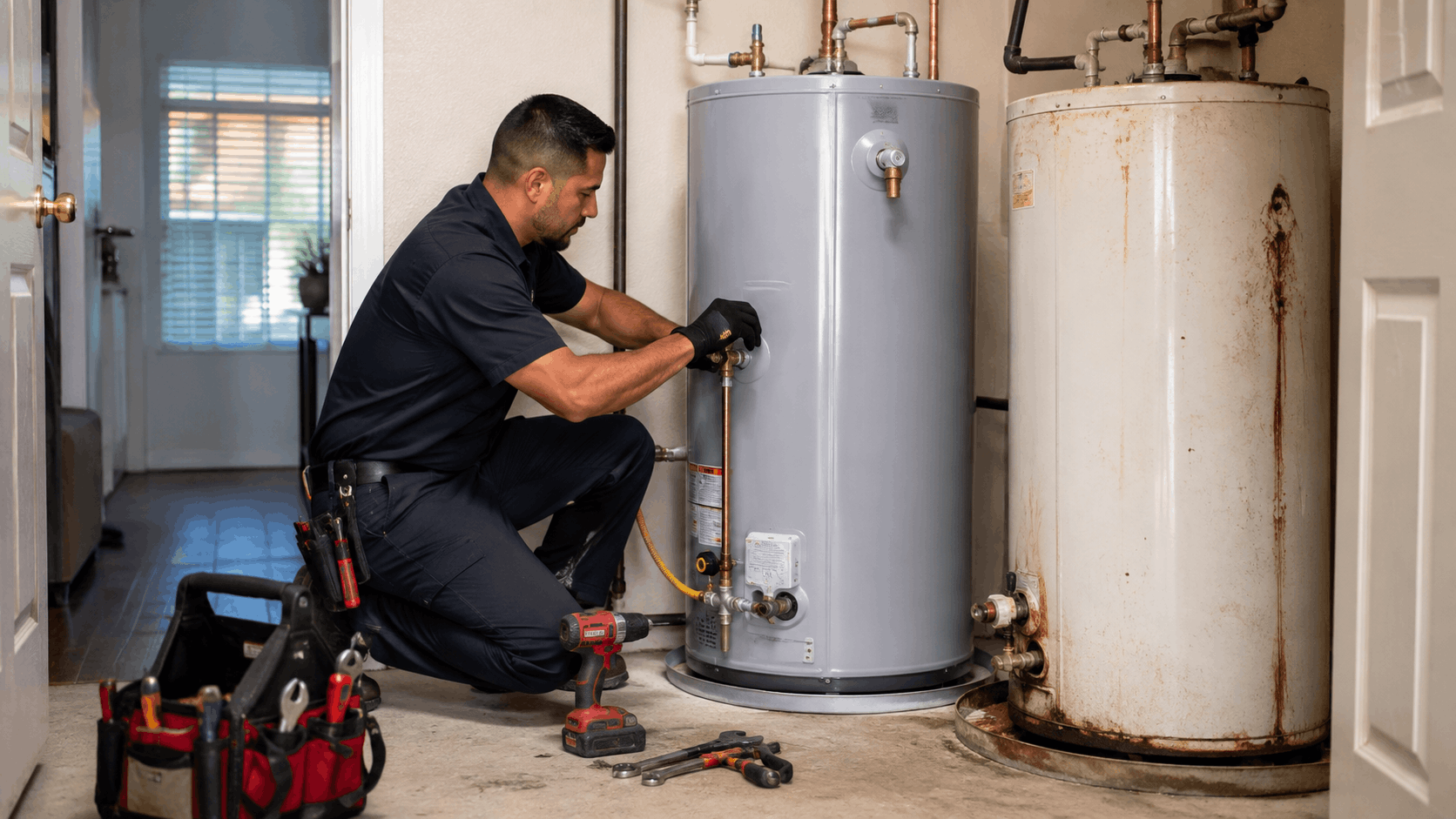 Plumber in dark uniform inspecting builder-grade water heater connections beside older rusted unit
