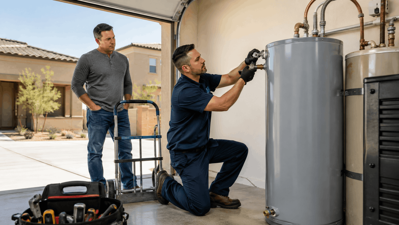 Plumber installing tank water heater in Las Vegas garage while homeowner watches