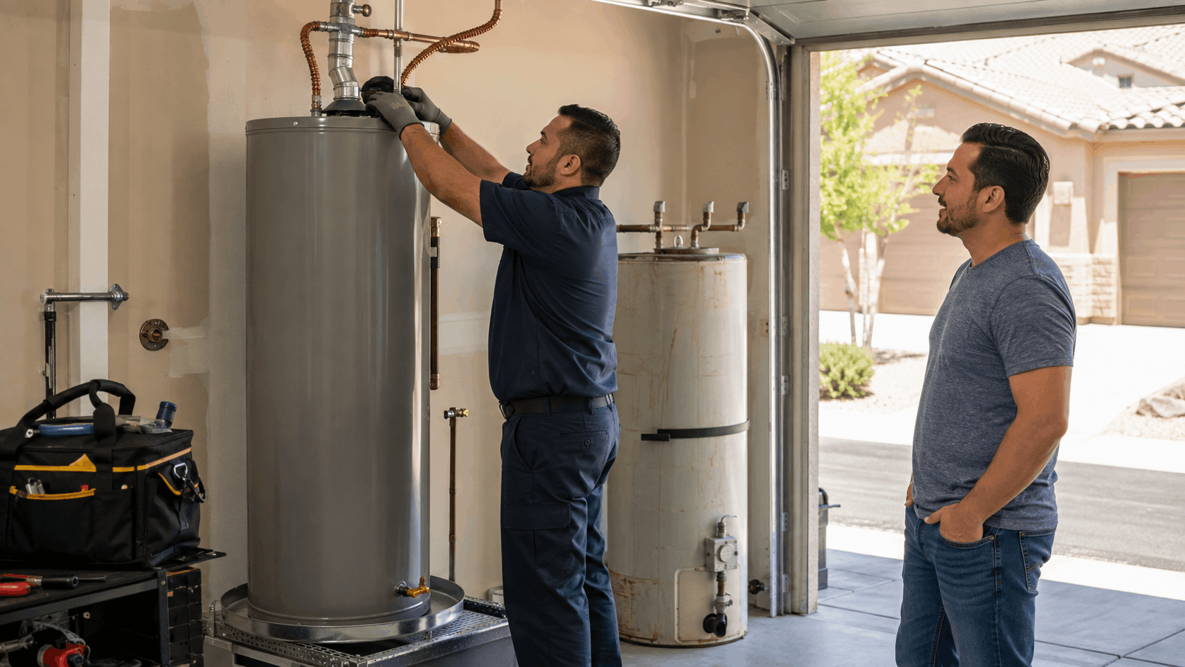 Plumber installing new water heater in Las Vegas garage while homeowner watches