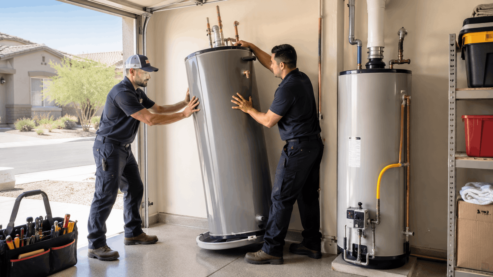 Two Active Plumbing technicians installing a new water heater in a Las Vegas garage