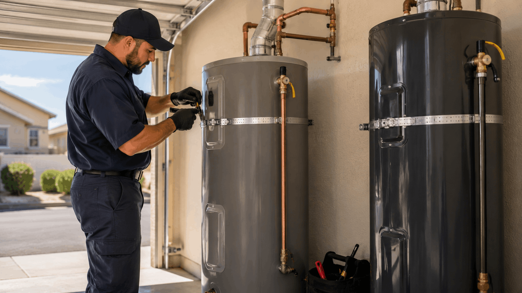 Plumber servicing dual water heaters in Las Vegas garage with copper pipe connections
