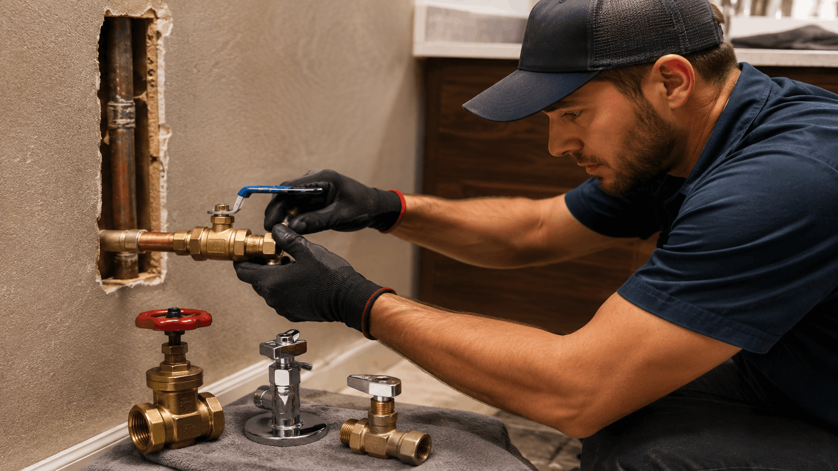 Plumber installing brass shutoff valve on copper pipes inside opened wall