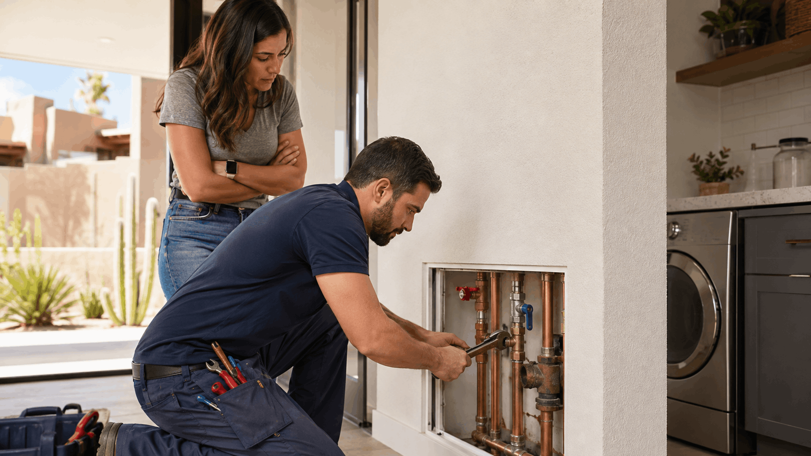 Plumber replacing copper main shutoff valve while Las Vegas homeowner watches nearby