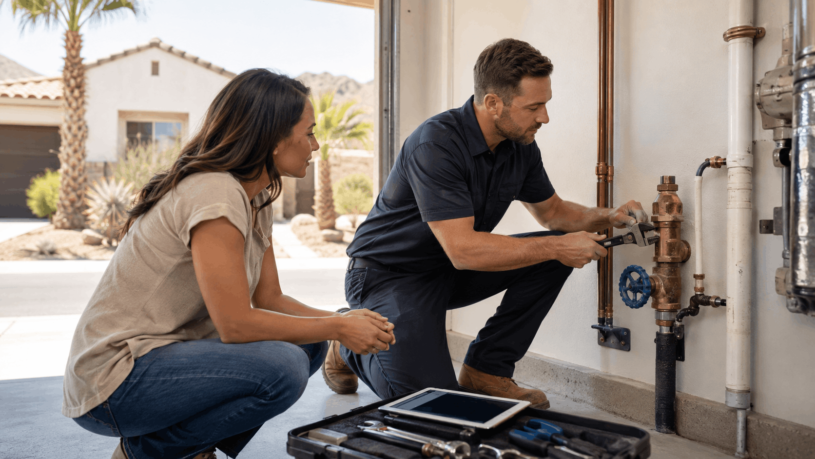 Las Vegas plumber upgrading gate valve to ball valve on copper pipes in garage