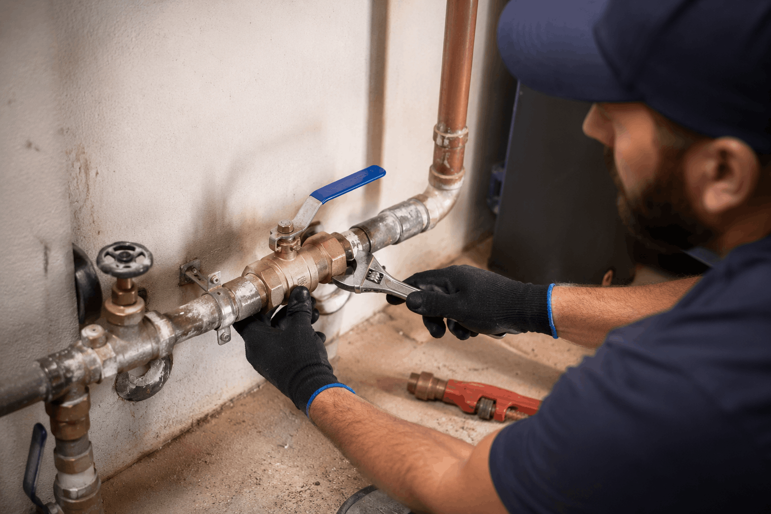 Plumber using adjustable wrench to install brass ball valve on copper pipes