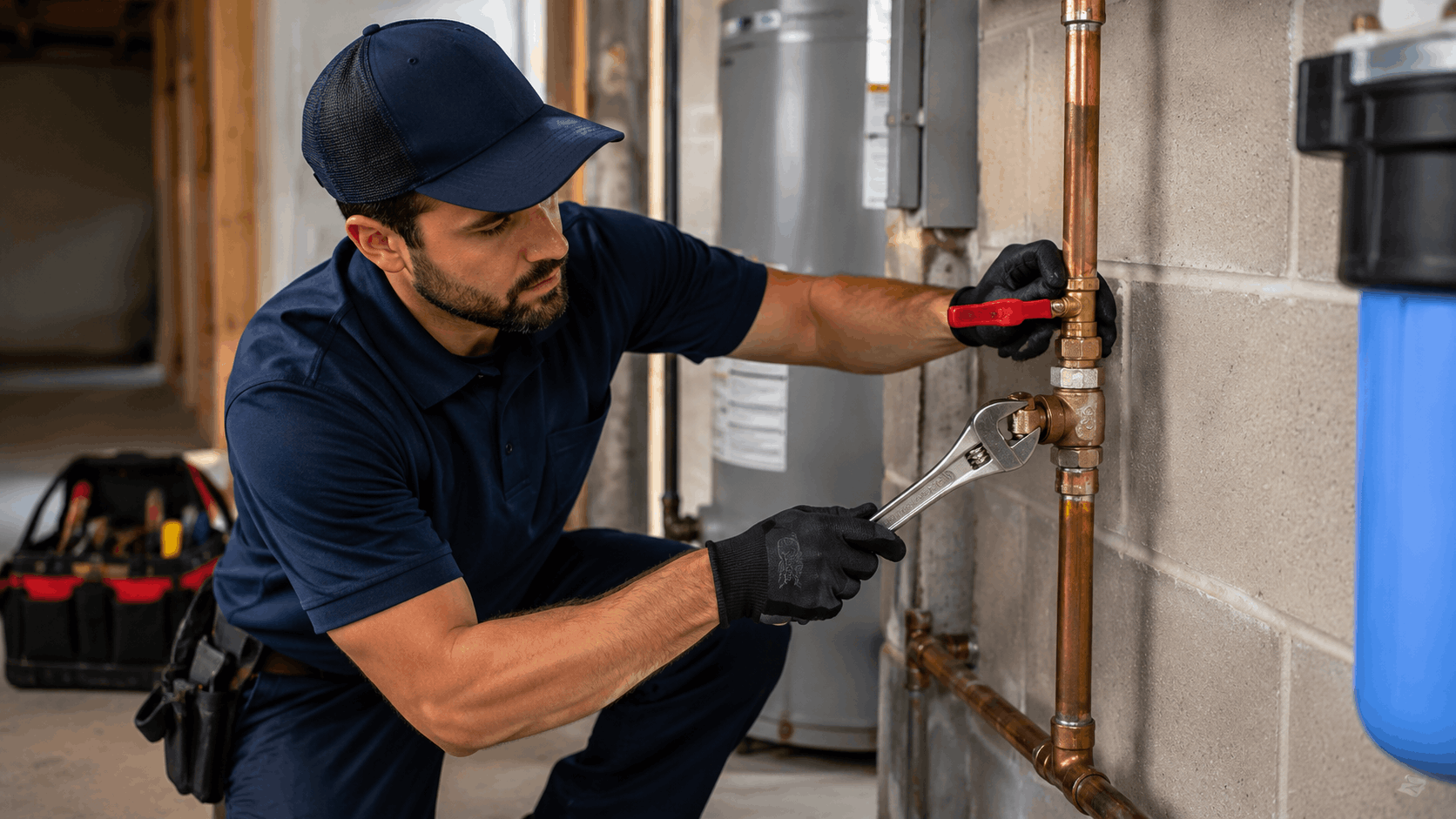 Licensed Las Vegas plumber repairing copper pipes with wrench in basement utility room