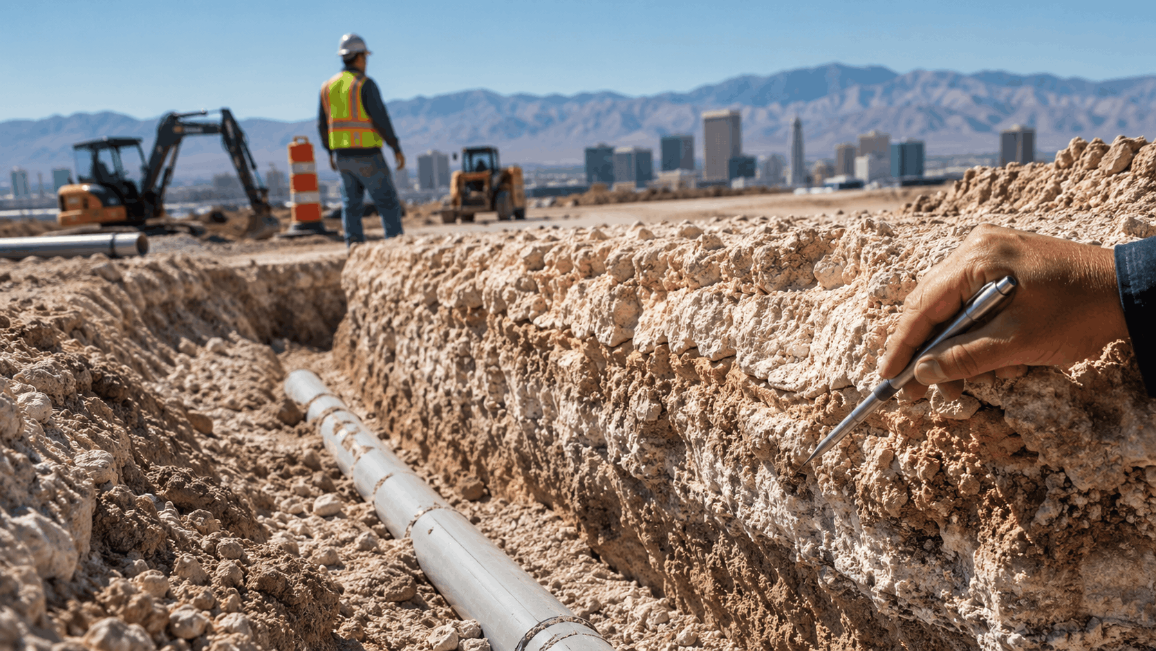 Construction trench revealing caliche soil layers with pipeline installation in Las Vegas