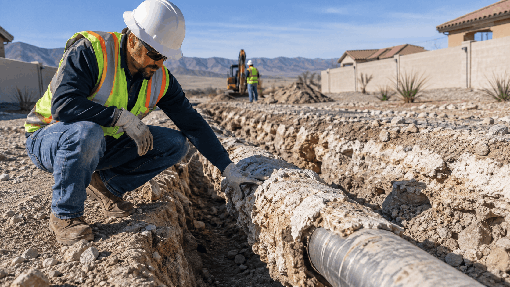Plumber inspecting pipe in caliche trench excavation at Las Vegas residential property
