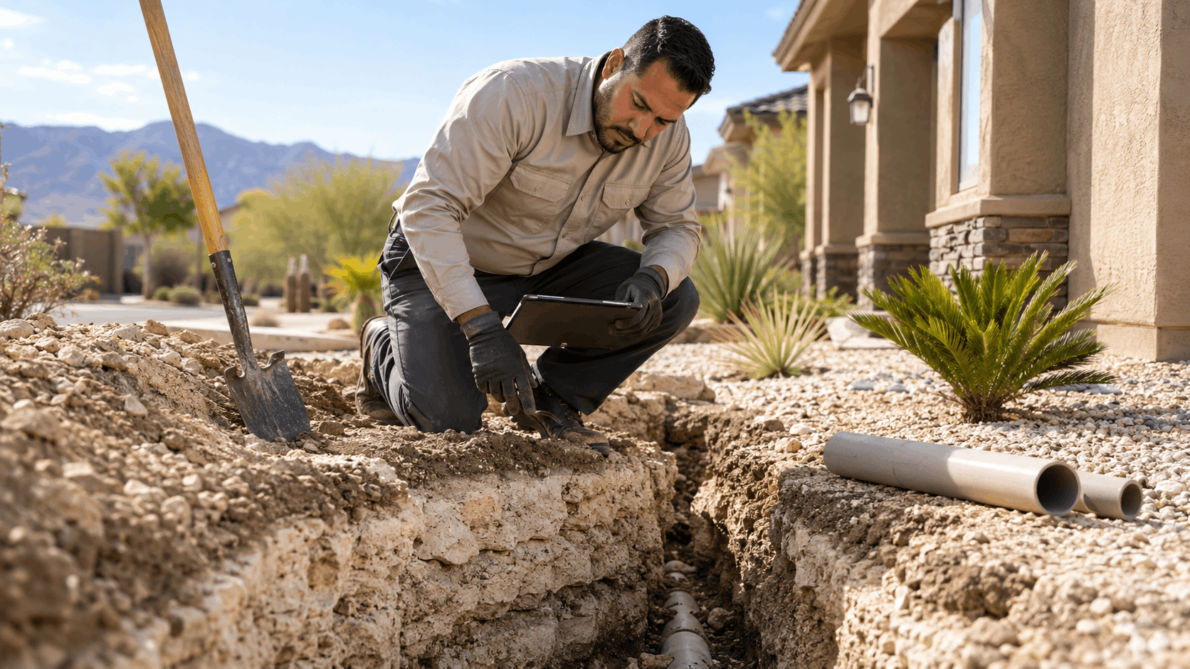 Plumber inspecting water line trench in rocky desert soil outside Las Vegas home