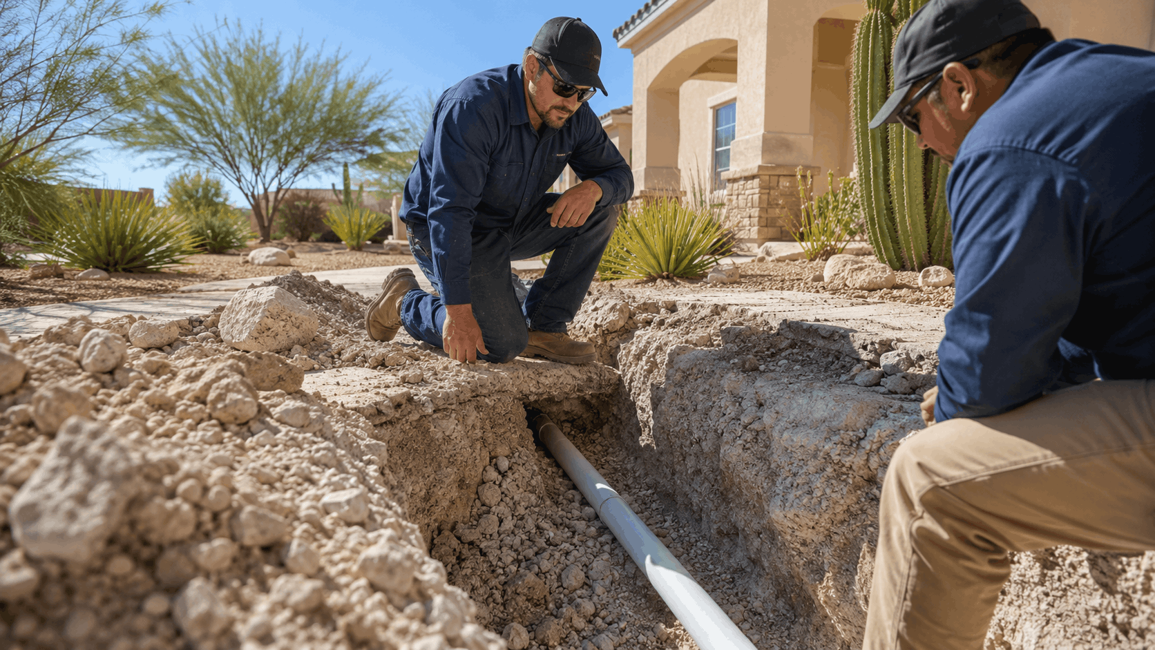Two Las Vegas plumbers inspecting underground pipe in desert yard excavation