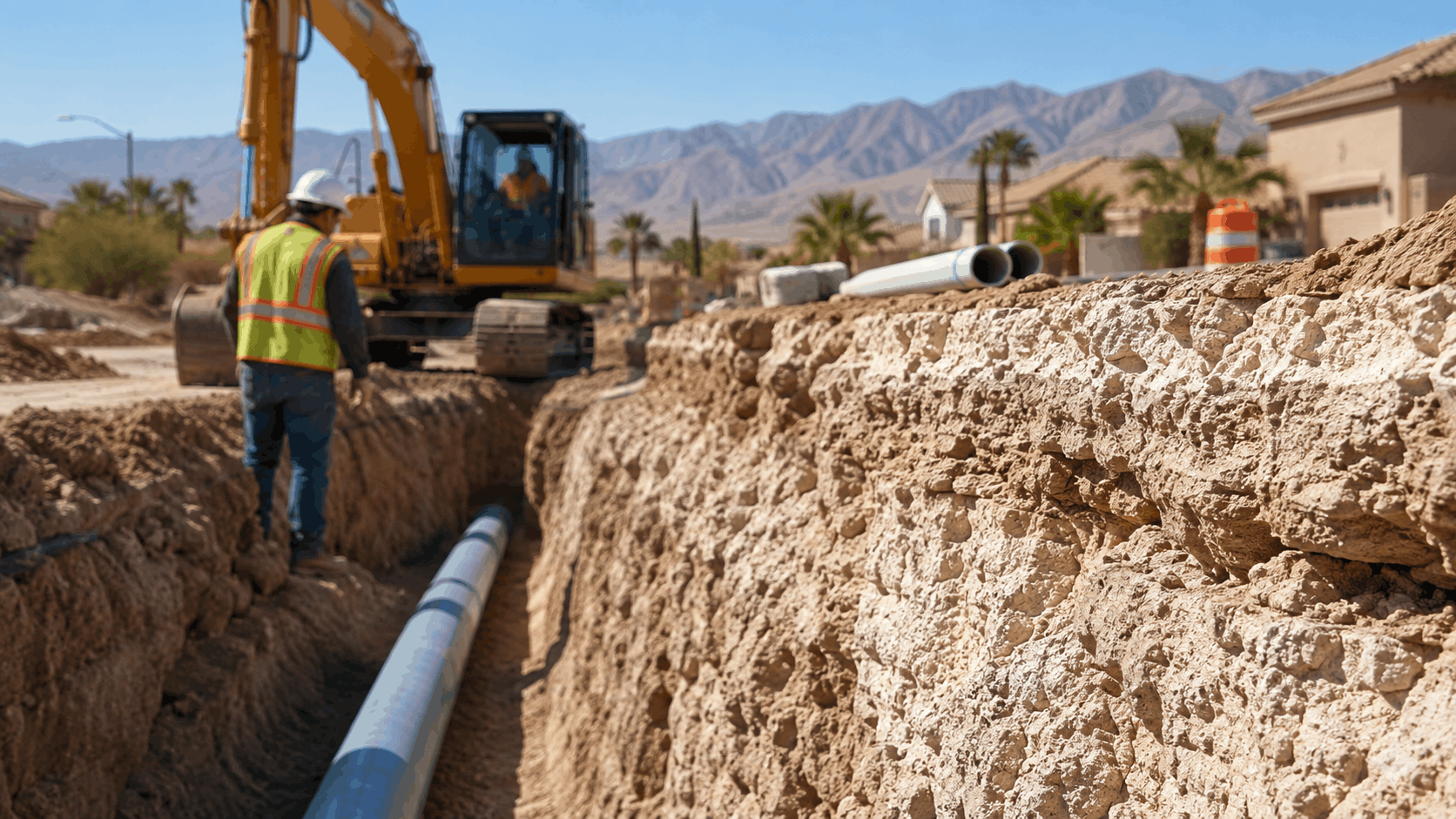 Construction workers installing underground plumbing pipes in Las Vegas desert residential neighborhood trench