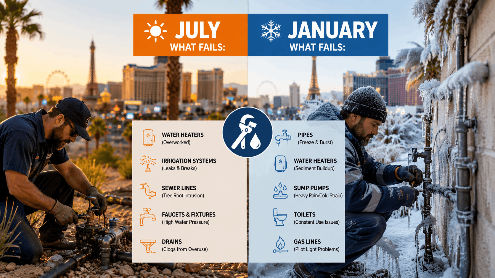Las Vegas plumber infographic comparing summer and winter seasonal plumbing failures
