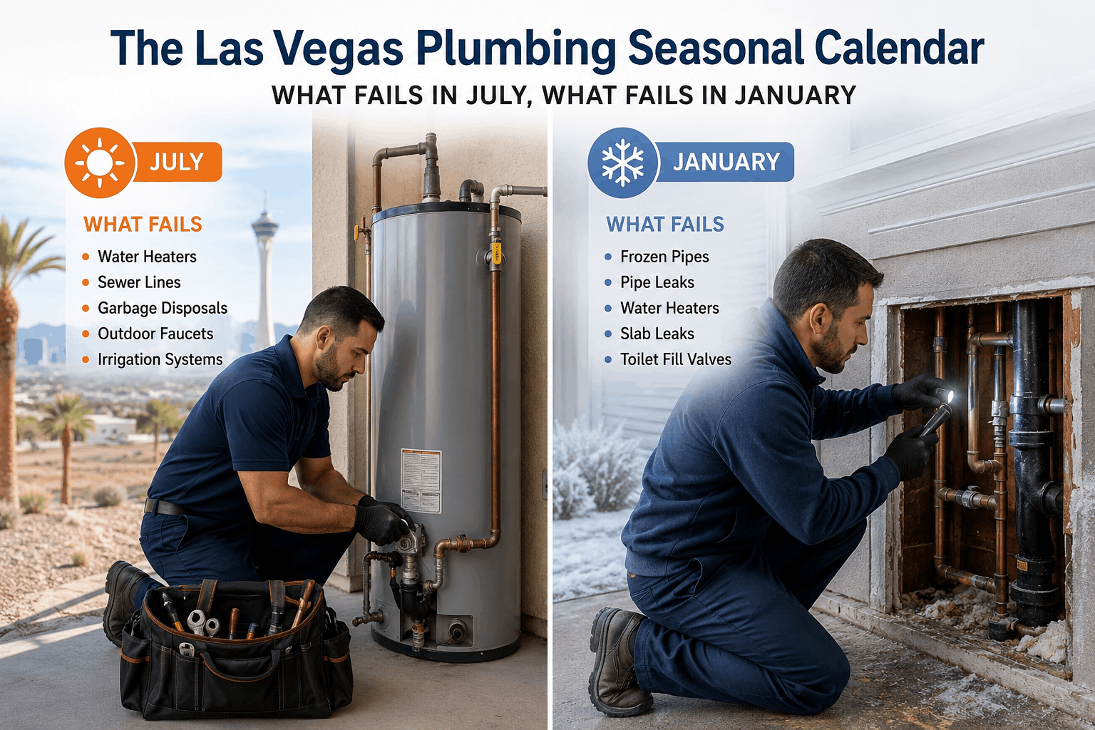 Las Vegas plumber inspecting frozen pipes in winter alongside summer water heater repair comparison