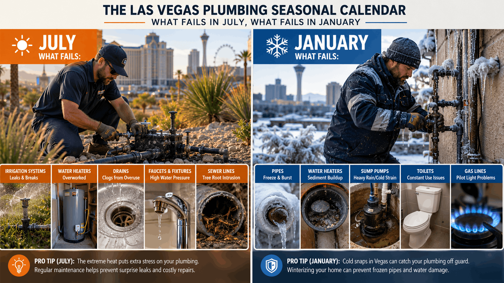 Las Vegas plumbing seasonal calendar showing July and January common pipe failures