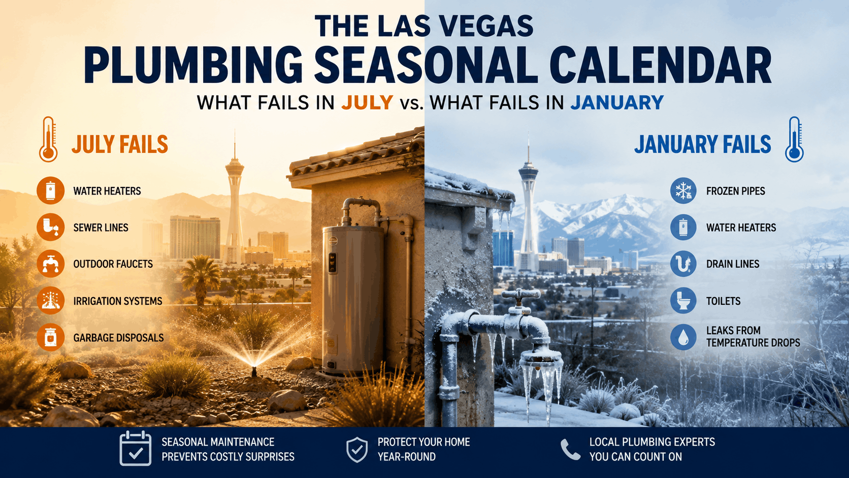 Las Vegas plumbing seasonal calendar comparing July versus January common failures infographic