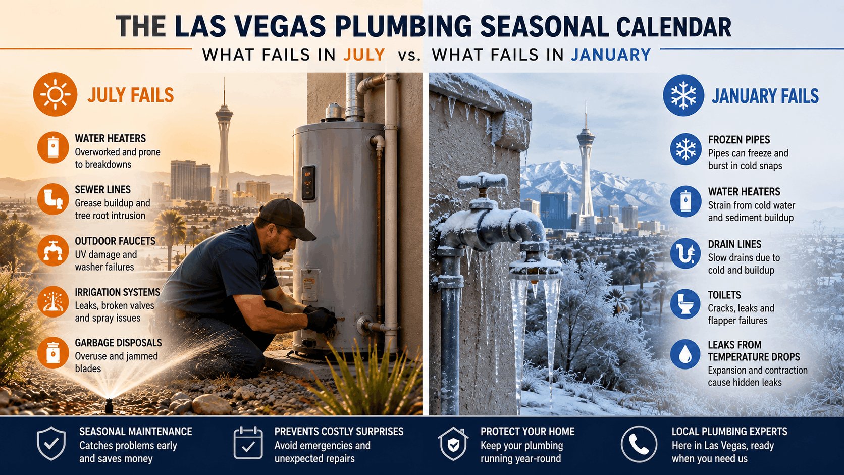 Las Vegas plumbing seasonal calendar comparing July versus January common plumbing failures