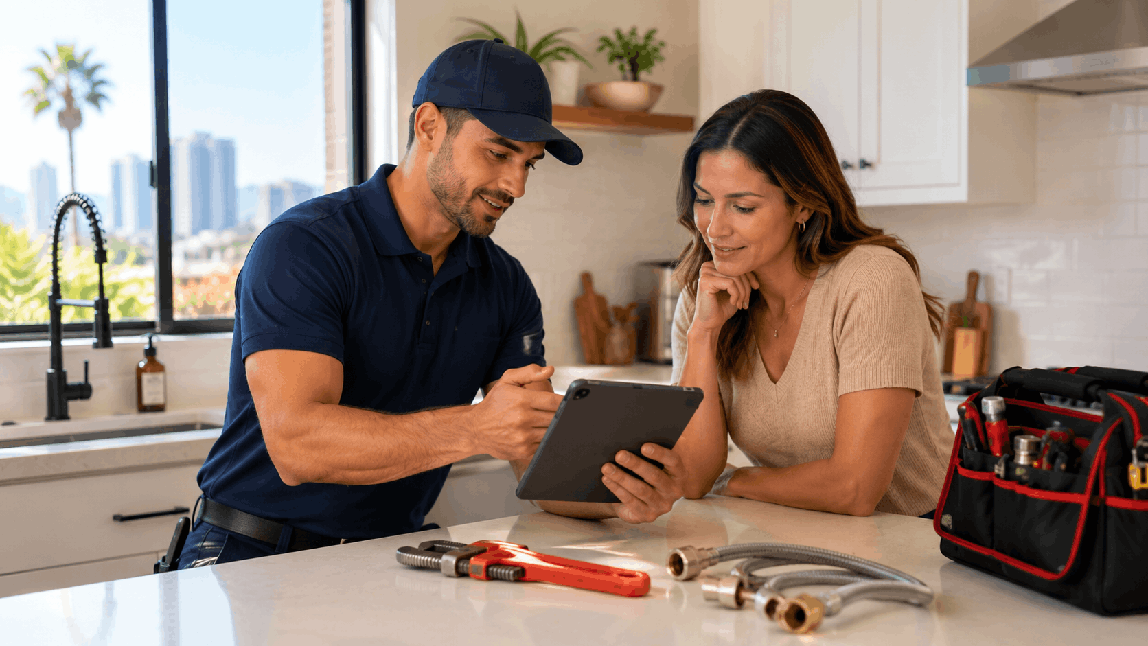 Plumber showing tablet estimate to homeowner in modern Las Vegas kitchen with tools