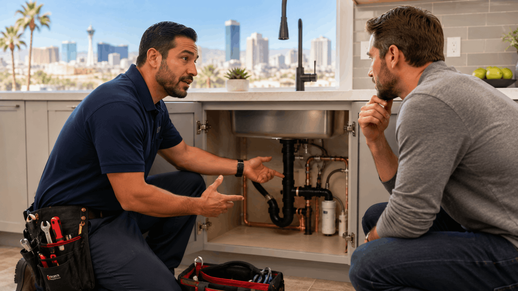 Las Vegas plumber explaining under-sink pipe estimate to homeowner with city skyline visible