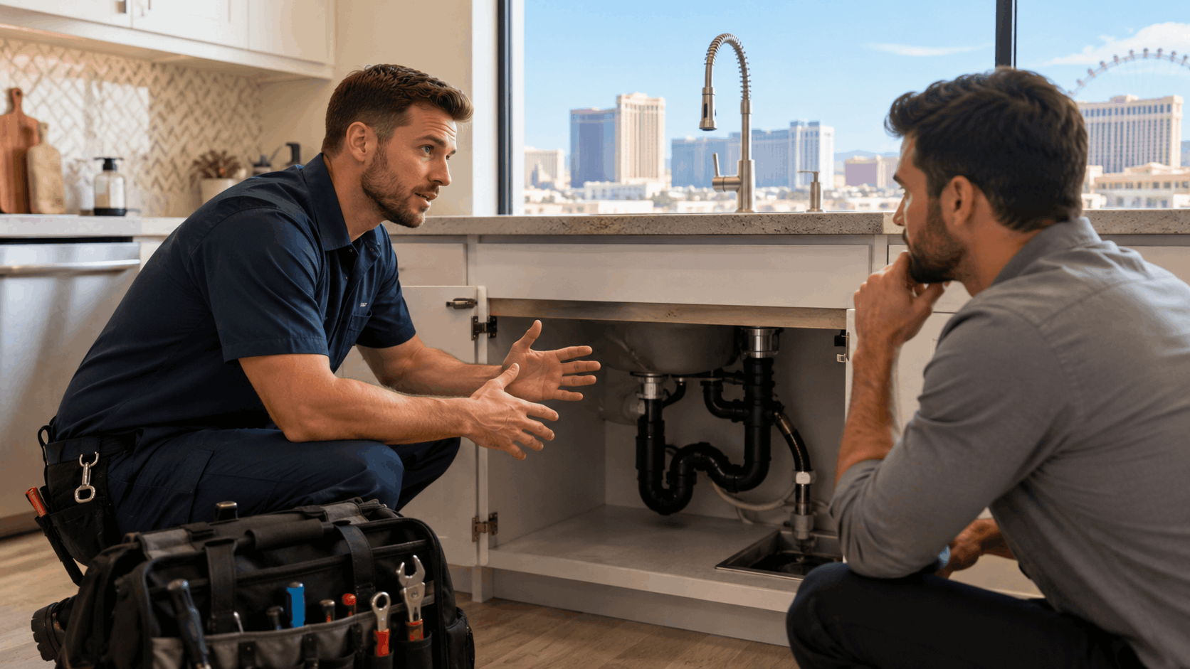 Las Vegas plumber explaining under-sink pipe issues to homeowner with city skyline visible