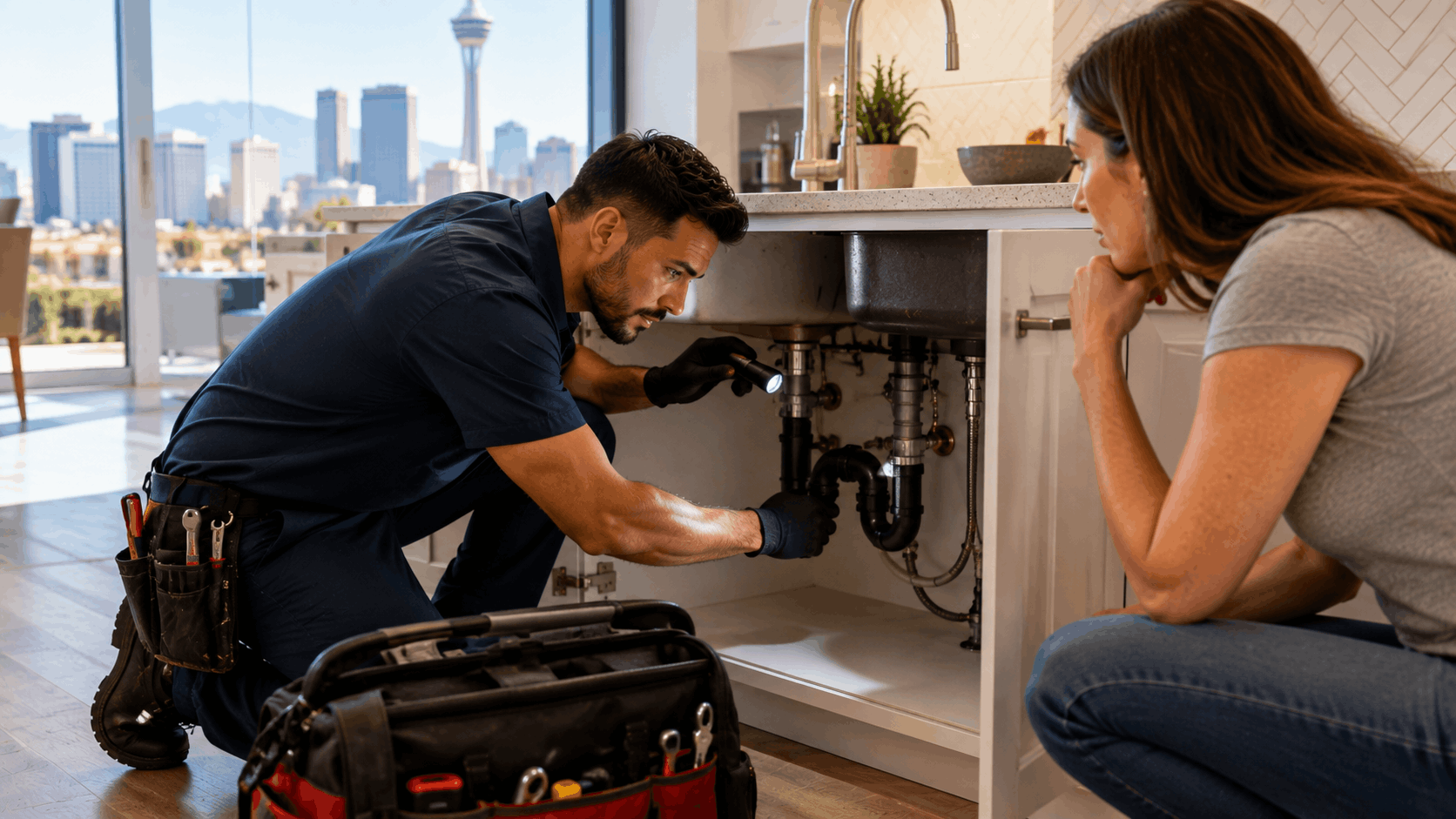 Las Vegas plumber inspecting under kitchen sink pipes with flashlight and homeowner watching