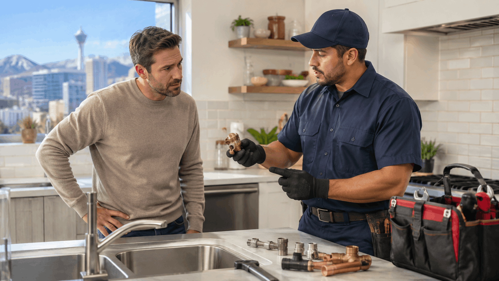 Plumber showing copper fitting to homeowner during kitchen sink repair in Las Vegas