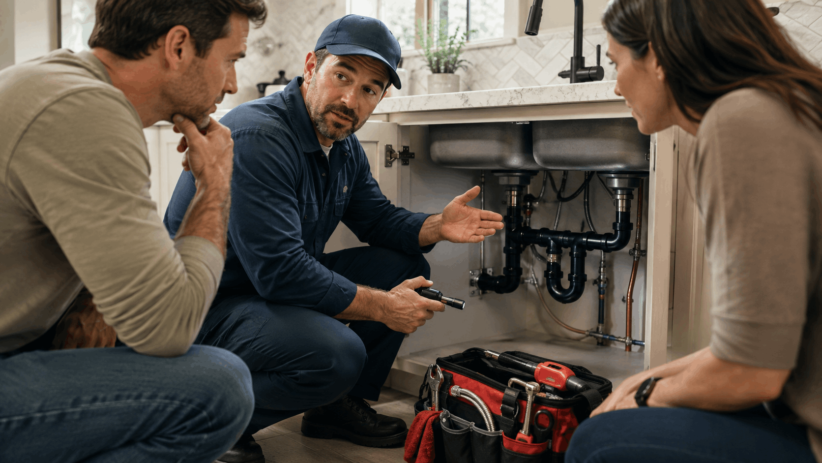 Las Vegas plumber explaining sink pipe issues to concerned homeowners during inspection