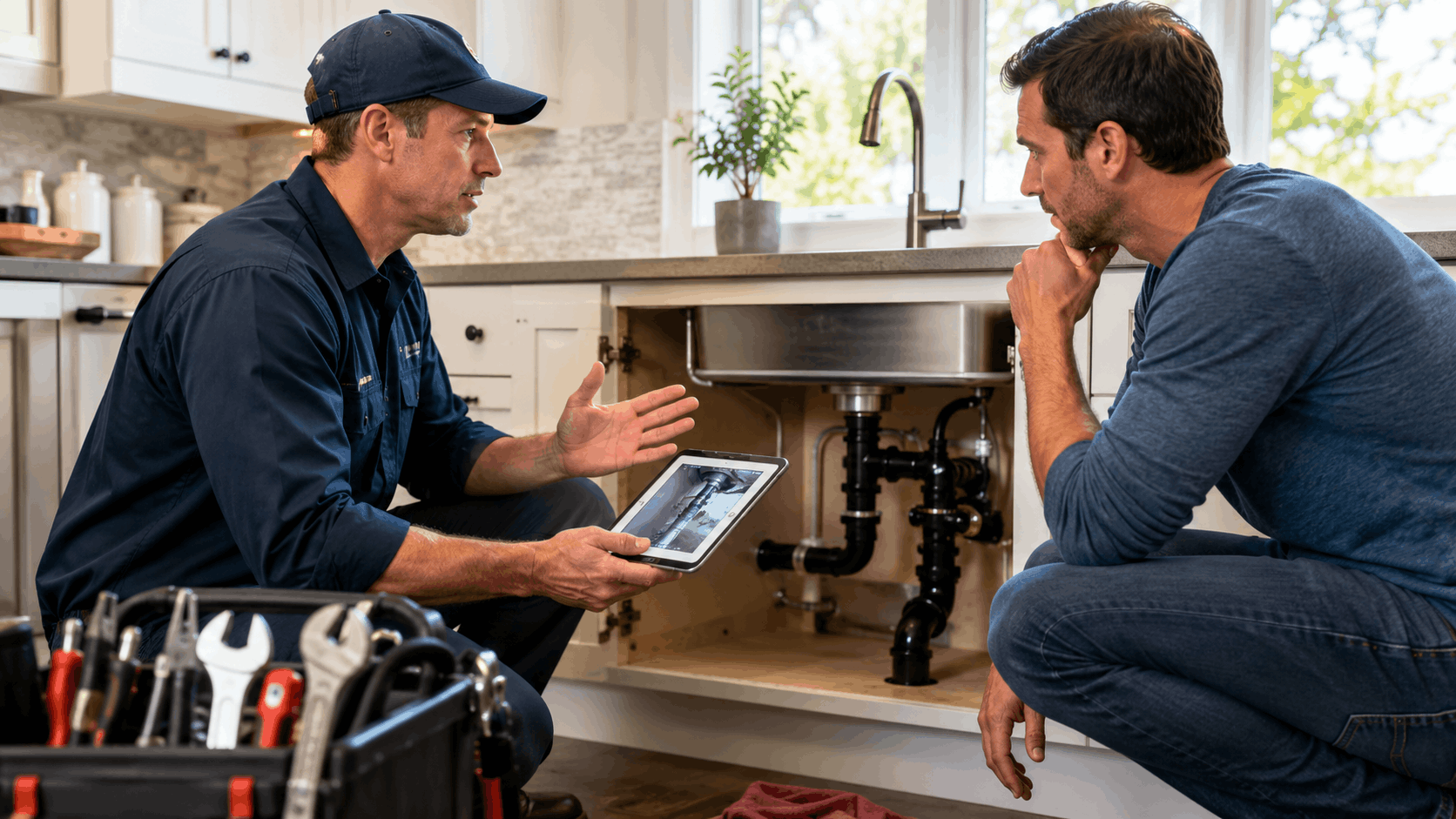 Plumber showing homeowner tablet with pipe inspection under kitchen sink in Las Vegas