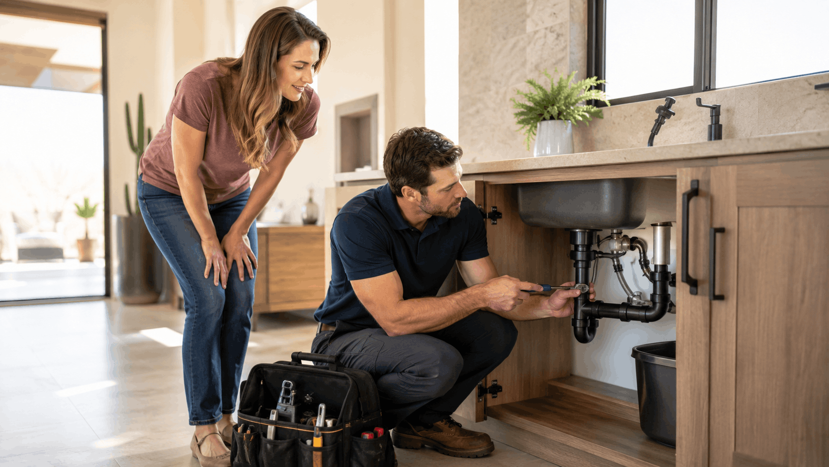Las Vegas plumber repairing under-sink pipes while homeowner watches and smiles