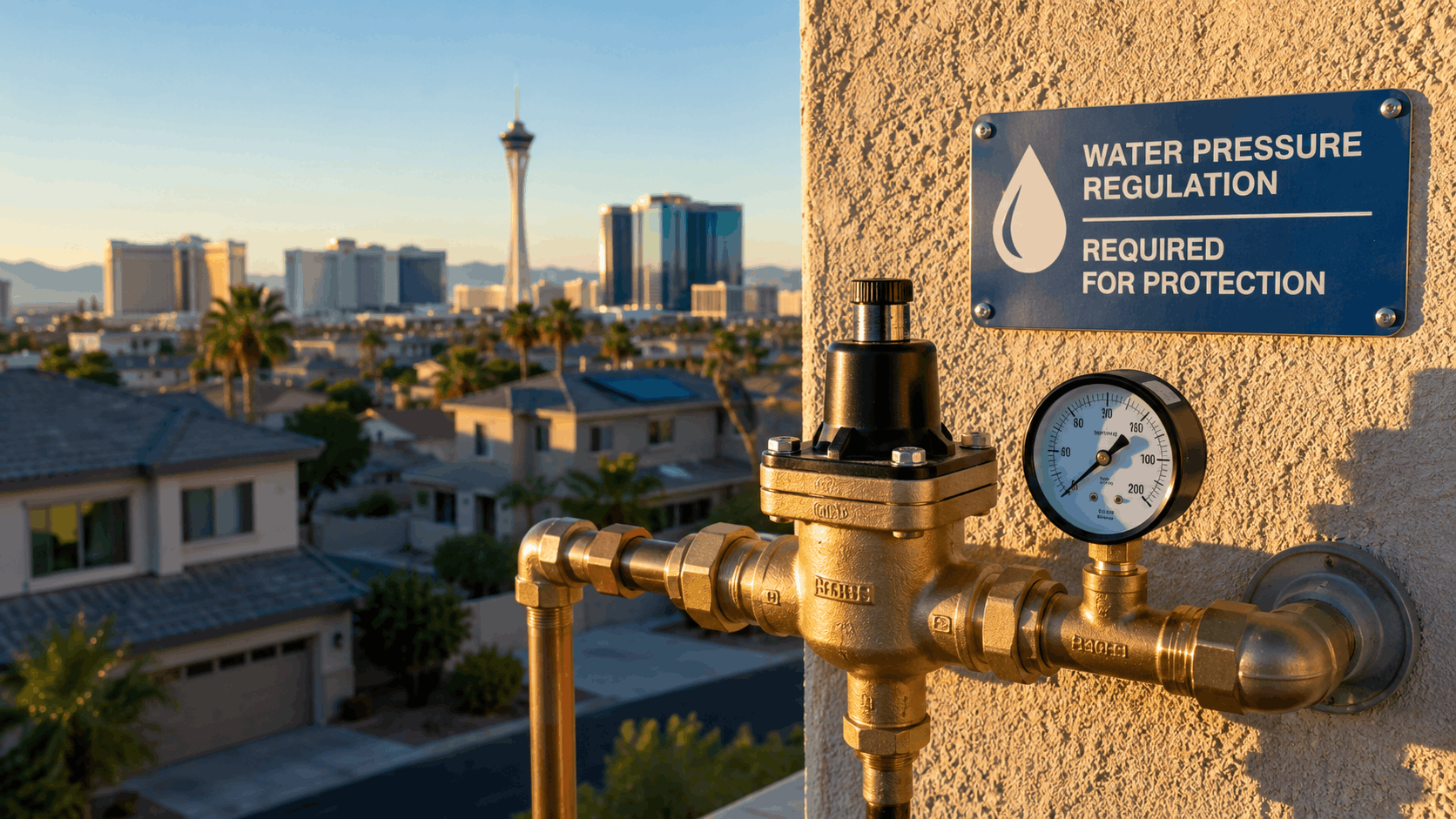 Brass pressure reducing valve with gauge mounted on Las Vegas home exterior wall