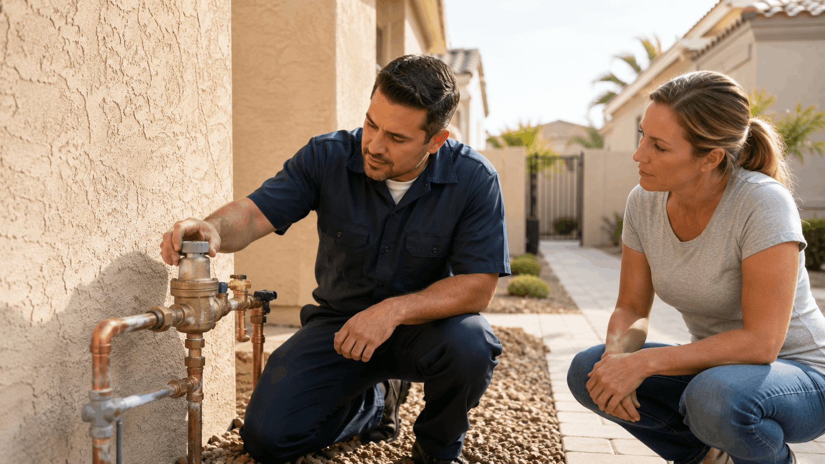 Plumber showing homeowner how to check water pressure valve on Las Vegas home exterior