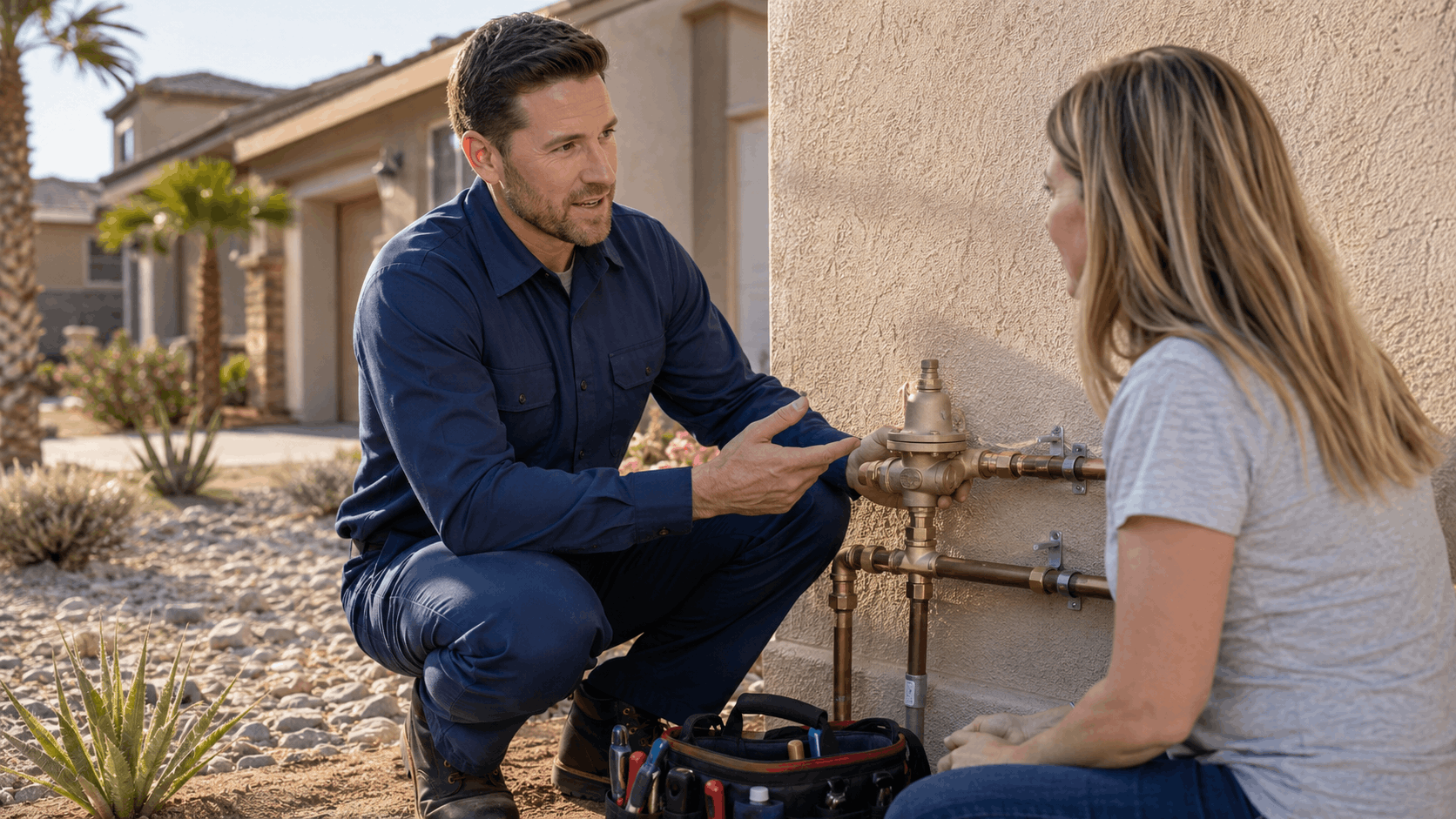 Plumber explaining pressure regulator valve to homeowner outside Las Vegas desert home