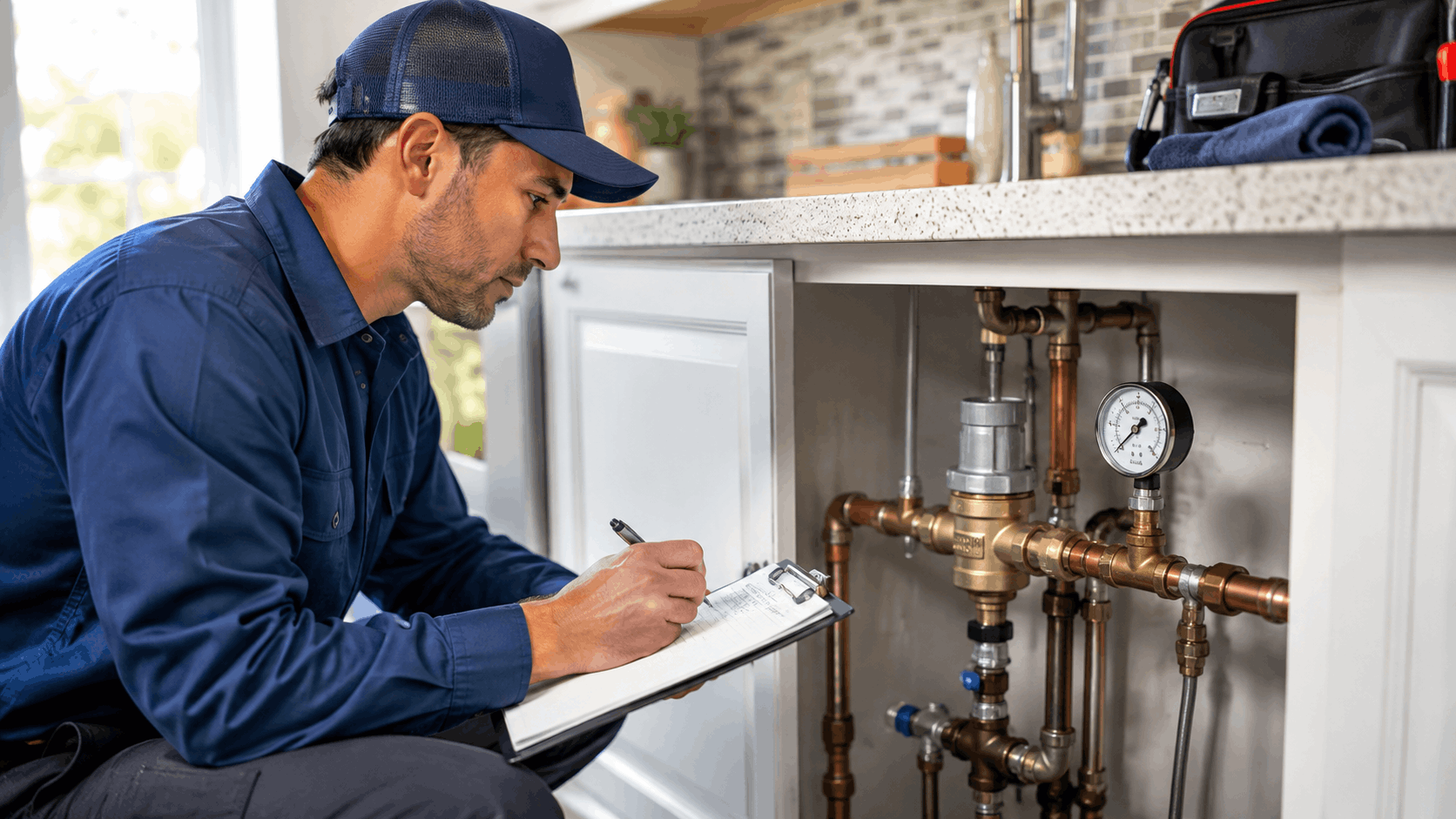 Licensed Las Vegas plumber inspecting copper pipe system and pressure gauge under cabinet