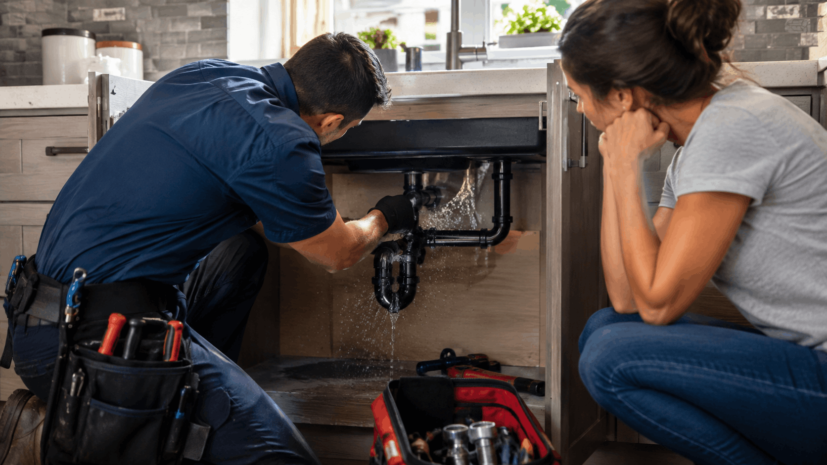 Plumber repairing leaking kitchen sink pipes while worried homeowner watches in Las Vegas