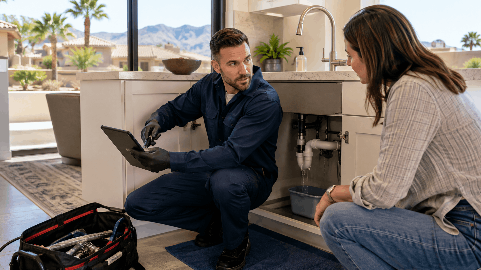 Las Vegas plumber consulting homeowner on kitchen sink leak repair with tablet