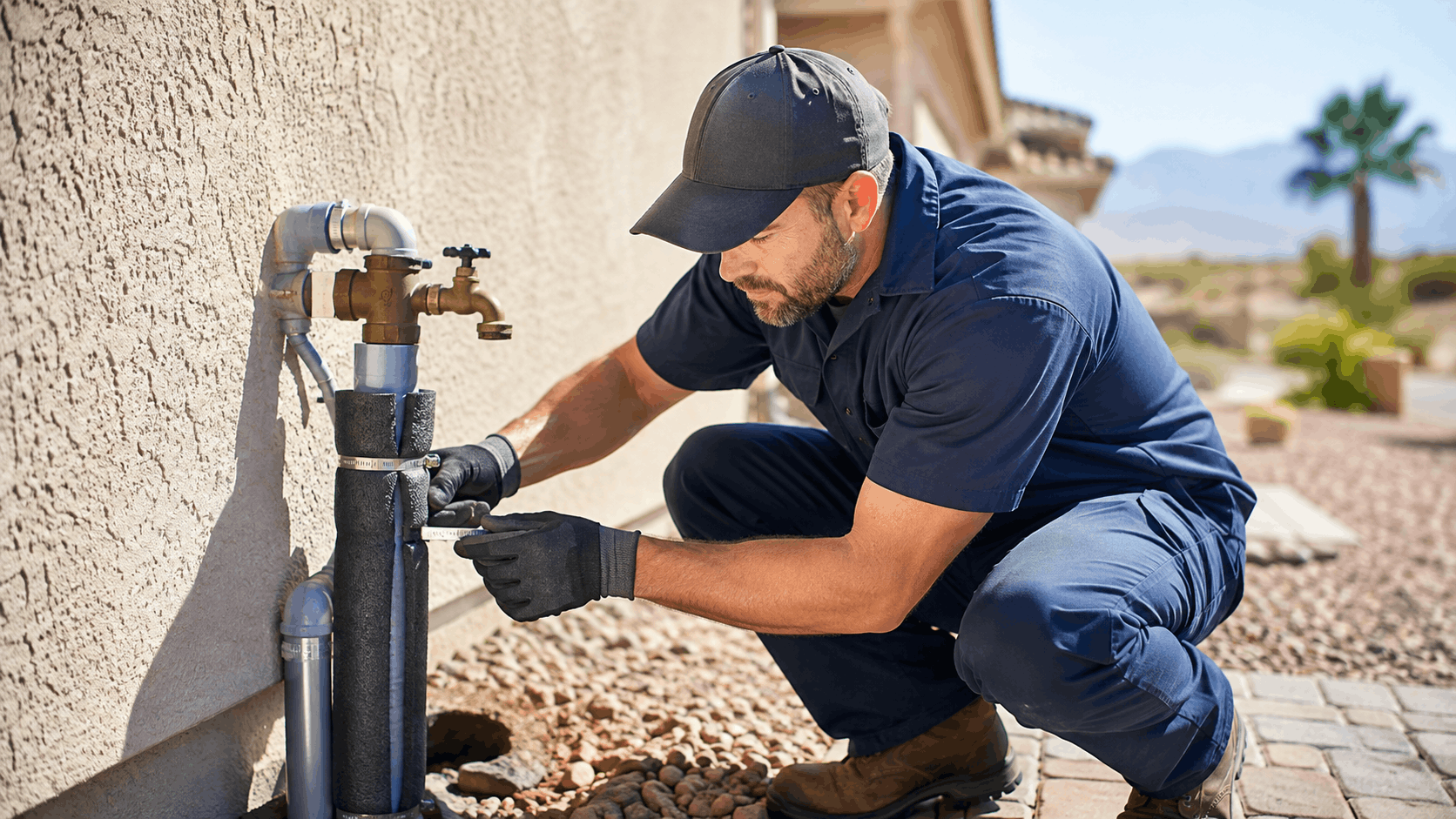 Plumber inspecting outdoor pipe fittings on North Las Vegas home exterior in summer heat