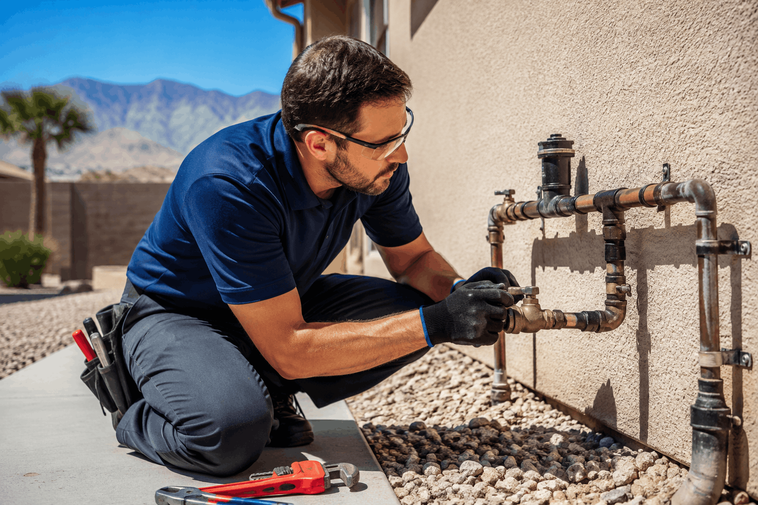 Plumber inspecting corroded outdoor pipe valves at Las Vegas desert home