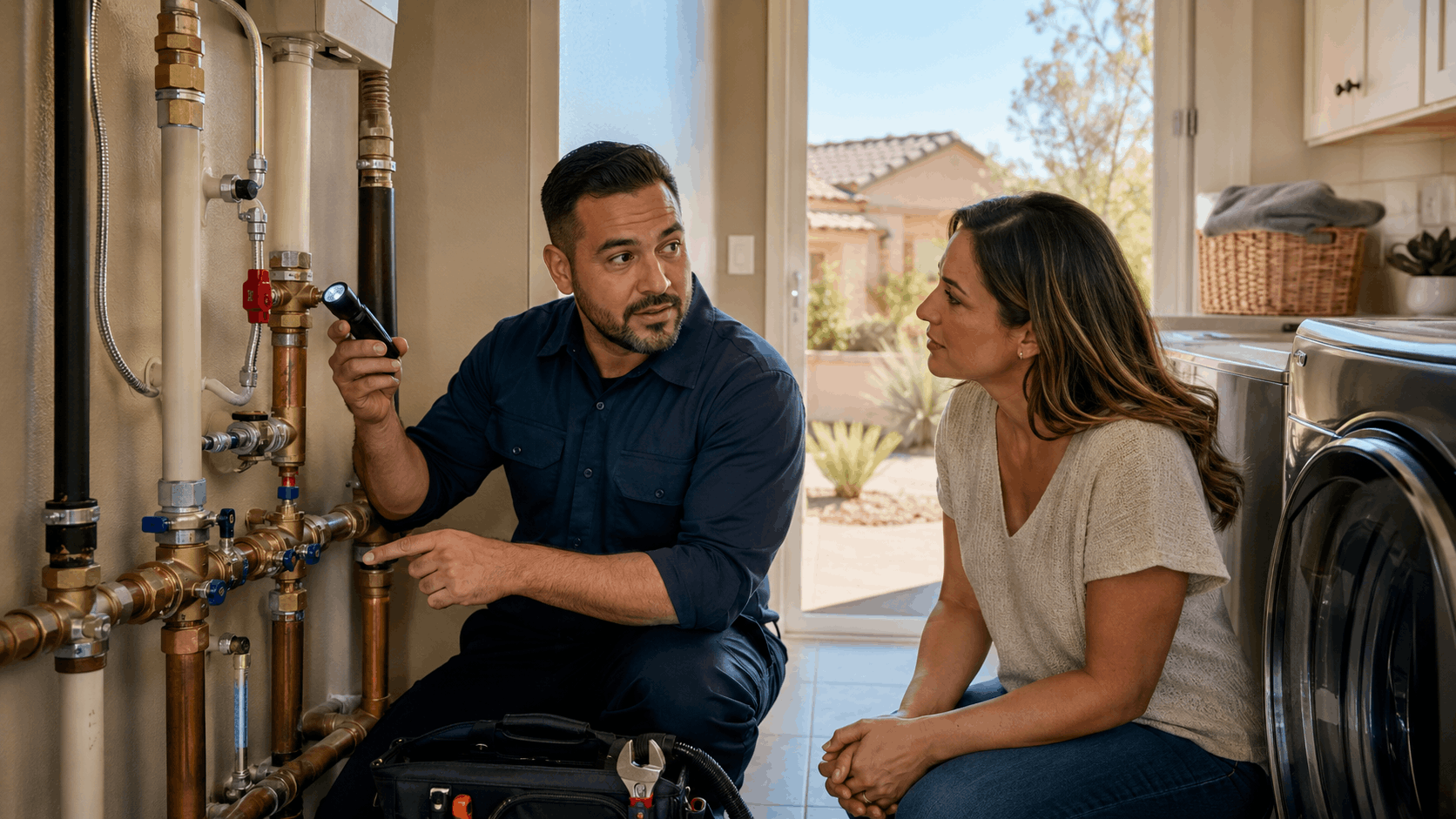 Plumber inspecting copper pipes with flashlight while explaining issue to homeowner