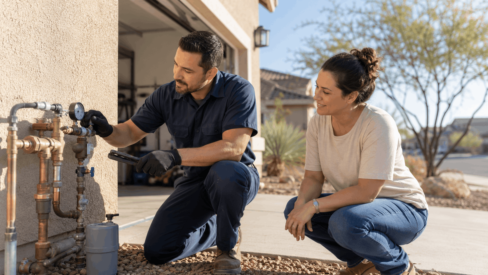 Plumber inspecting copper pipe fittings and pressure gauge at Las Vegas home exterior