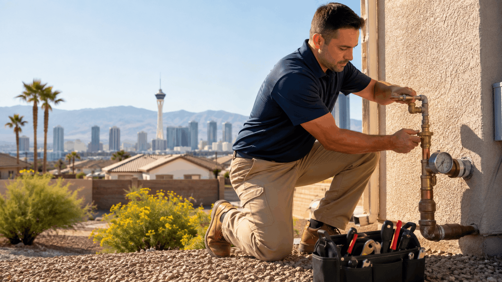 Las Vegas plumber repairing copper pipe valves on residential exterior wall